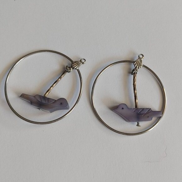 Native American Sterling Fetish Mother Of Pearl Birds Silver Hoop Earings - Picture 1 of 4